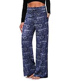 Close-up of fabric print detail on wide-leg trousers