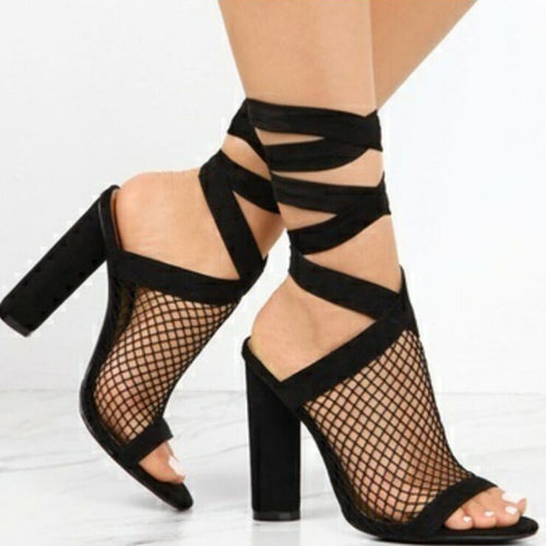 Black cross-strap lace-up high heel sandal with square heel