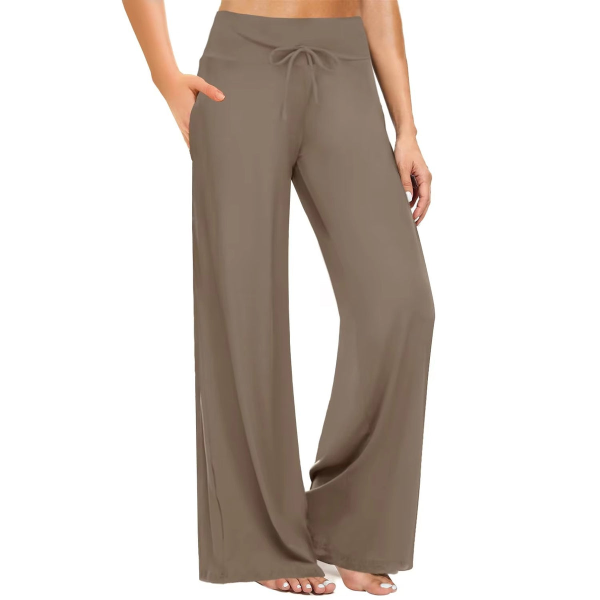 Full-length view of wide-leg pants in tie-dye contrast pattern