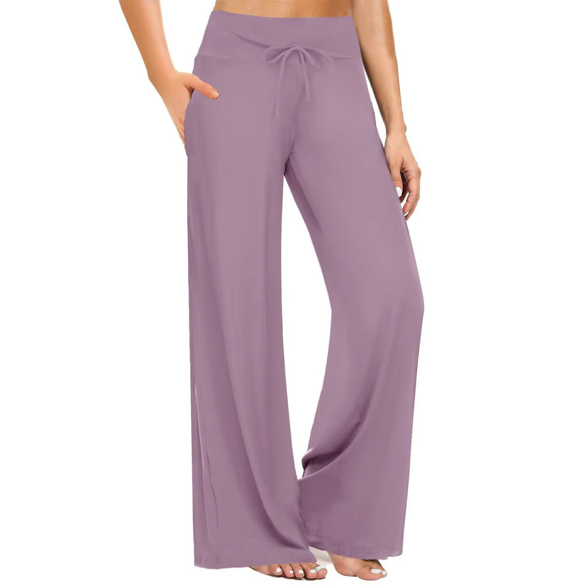 Front view of printed wide-leg pants highlighting silhouette and pattern