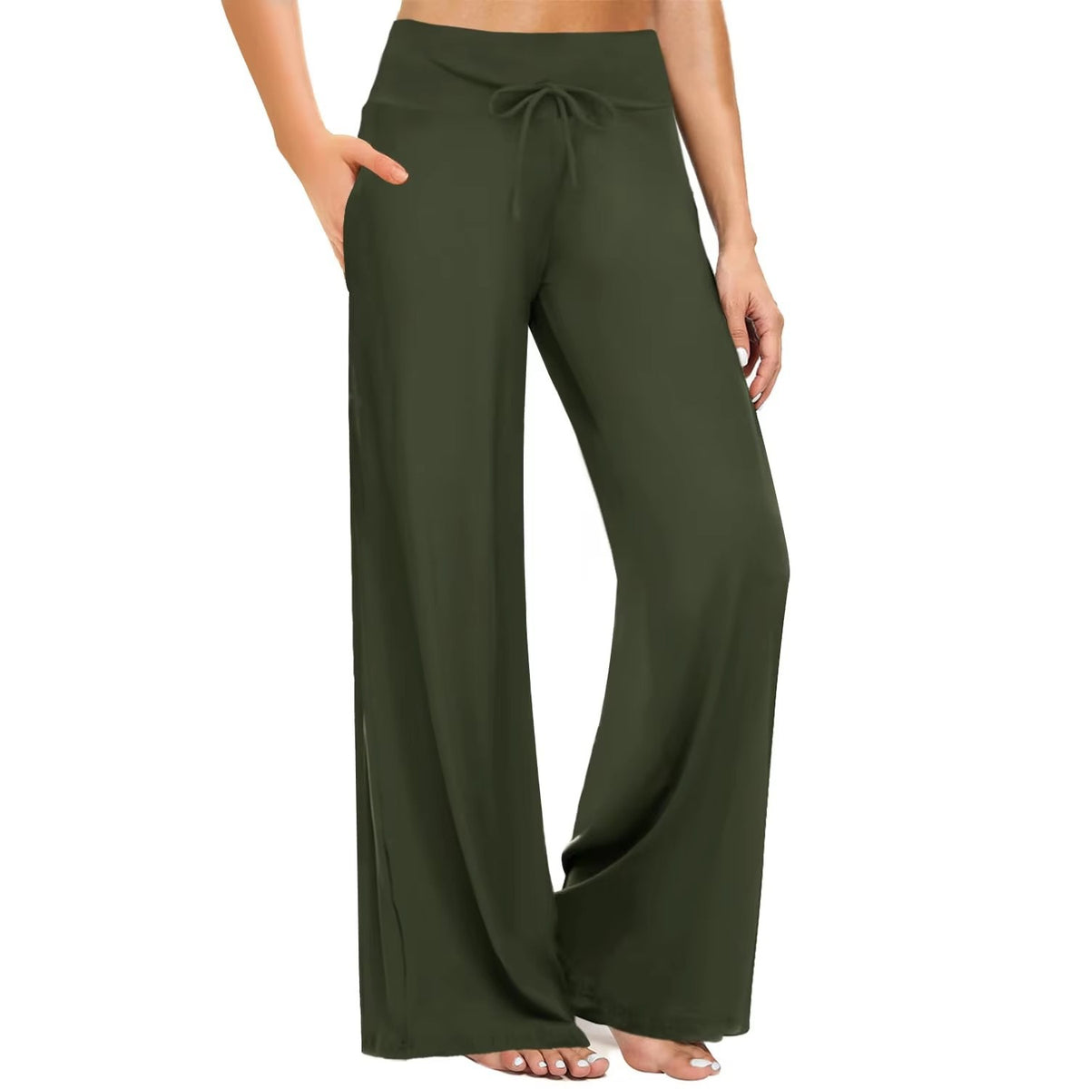 Women's high-waist pants in solid army green colorway
