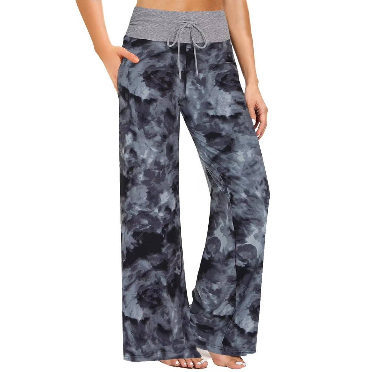 Wide-leg pajama pants displayed against neutral background