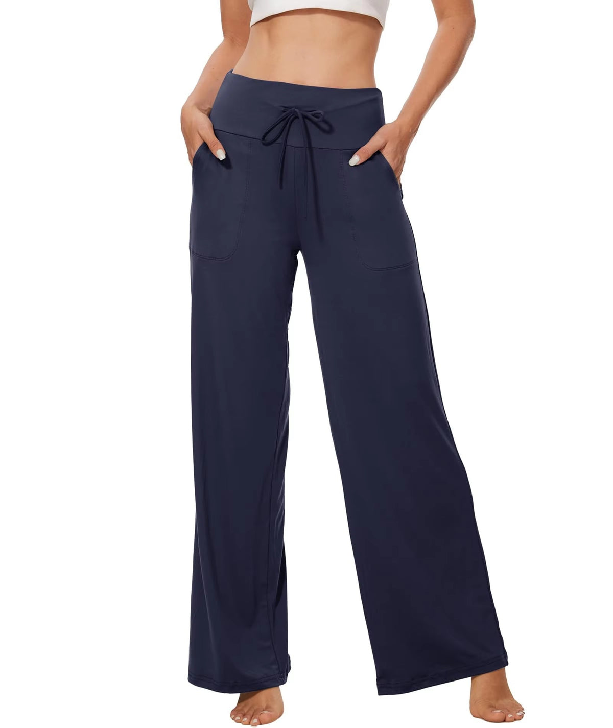 Navy blue lounge pants styled for relaxed at-home outfit