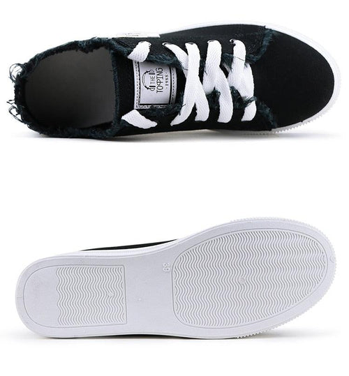Top-down view of white canvas sneaker showing lace detail