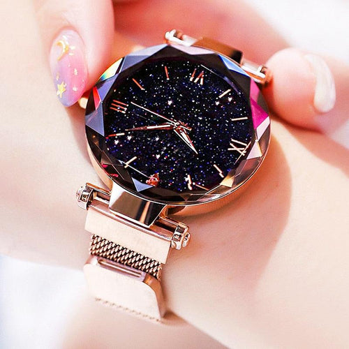 Rose gold starry sky watch with magnetic mesh band